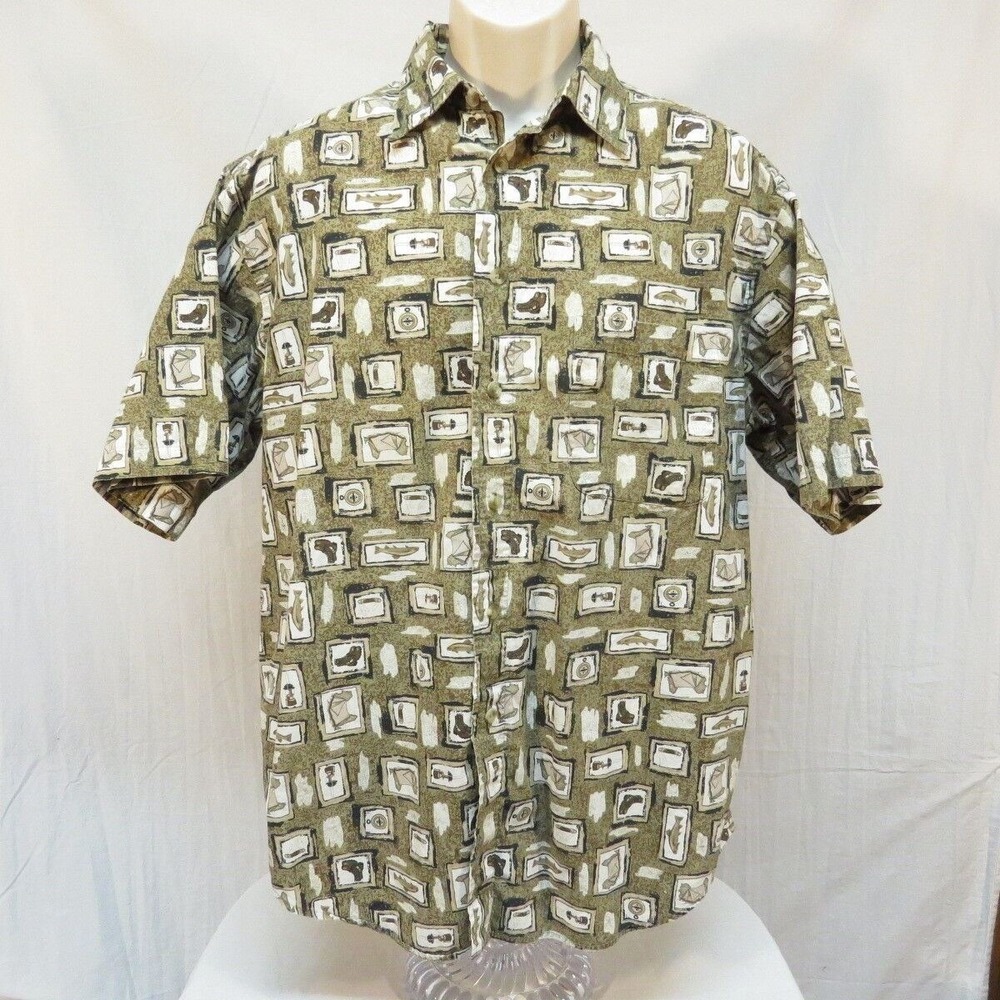 Authentic Outfitters Shirt Outdoor Theme Tan Brown Camping Fish  Size L
